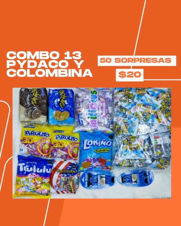 COMBO 13 PYDACO Y COLOMBINA 50 SORPRESAS